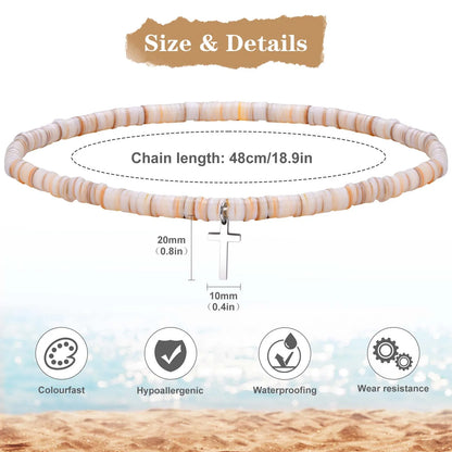 Puka Shell Necklace for Women, Summer Beach Surfer Beaded Chain Cross Pendant Smooth Jewelry