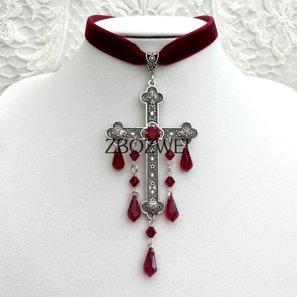 Large Cross Choker, Red Goth Choker, Gothic Cross, Goth Cross Velvet Choker, Red Velvet Choker with Cross, Velvet Cross Choker,